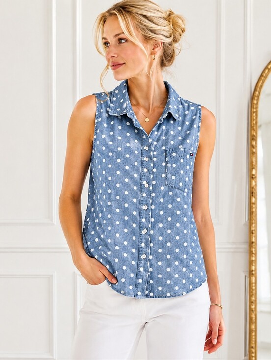 Tommy Hilfiger Tops - Tommy Hilfiger Blue White Polka Dot Sleeveless Button-Up Blouse XL Preppy Cotton